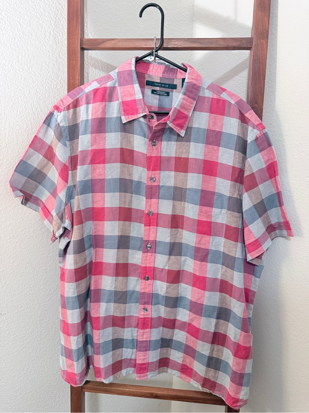 Perry Ellis Pink and Gray Plaid Short-Sleeve Button-Down Shirt
